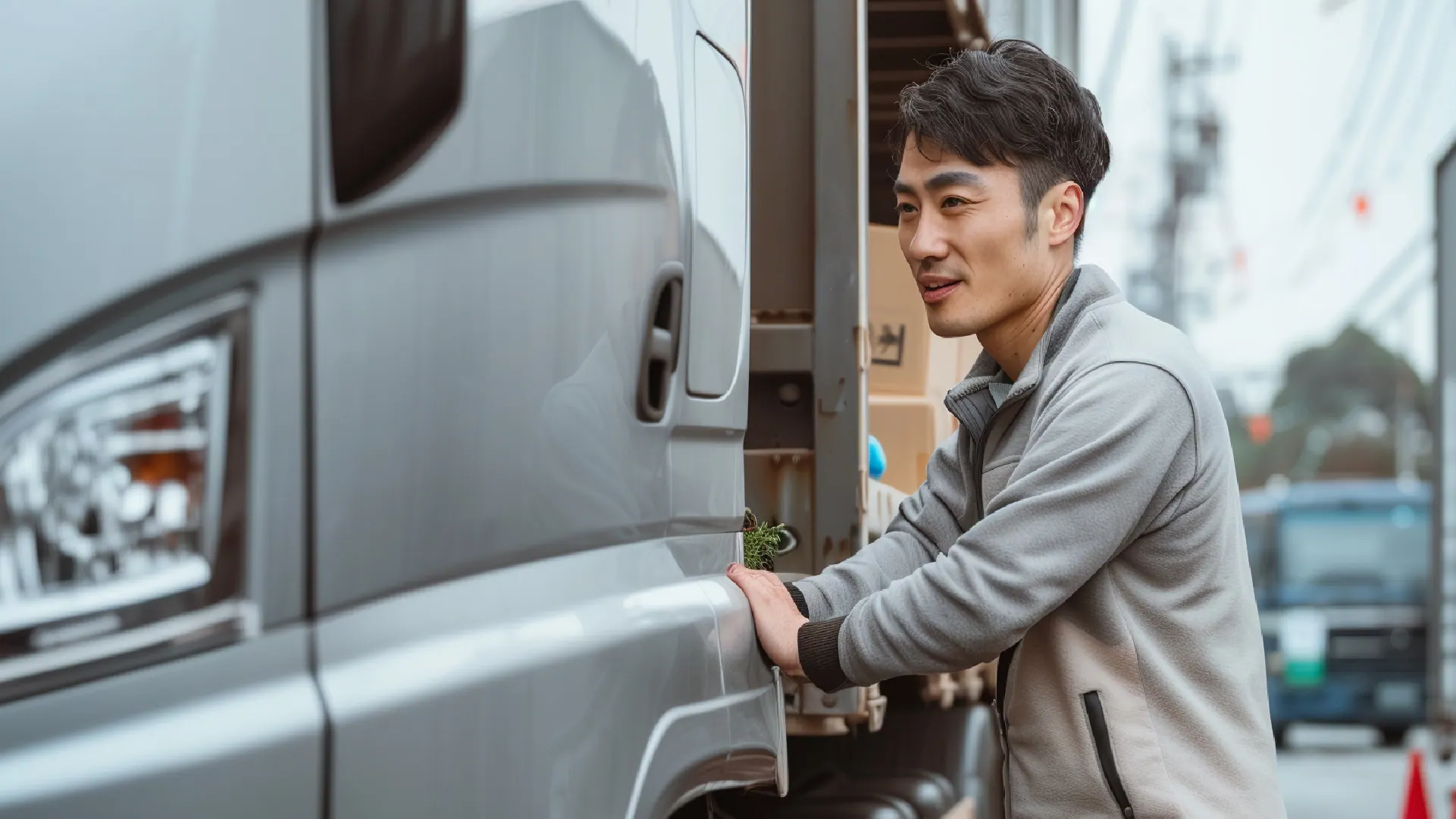 トラックの前に立つ日本人男性ドライバーのイメージ