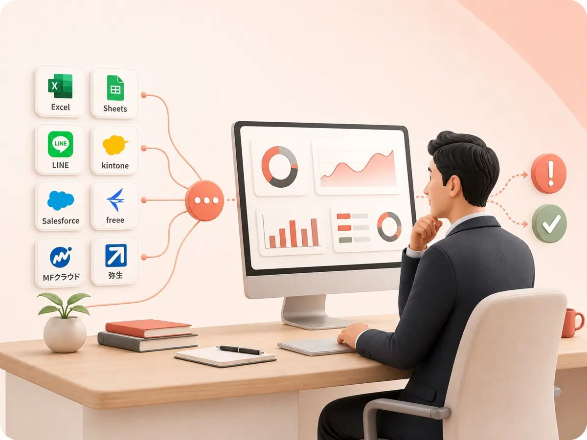 ExcelやLINEなど複数の業務ツールから情報を集約し、AIが定型業務を自動で進めるイメージ